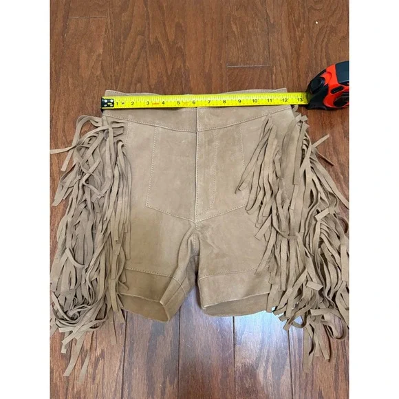 Maje Izmir Tan Suede Fringe Western Festival Shorts High Waisted Boho Tan  s 25 - Picture 2 of 5